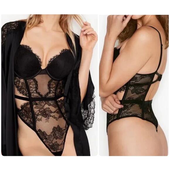 VICTORIA’S SECRET Bombshell Black Lace Teddy Bodysuit Push-up Bra Adds 2 Sizes S - Picture 1 of 11
